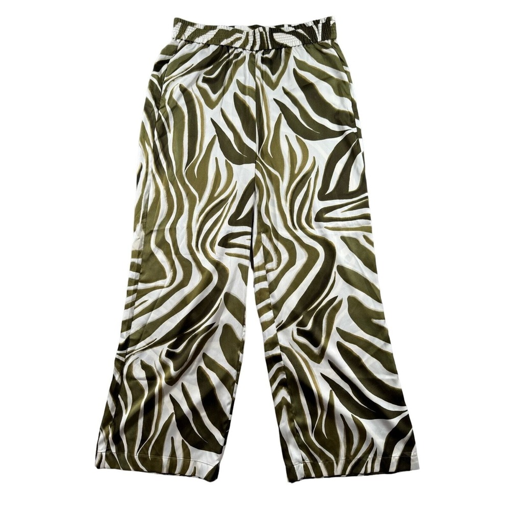 Joie Zebra Print Wide Leg Elastic Waist Pants Womens Small Green White